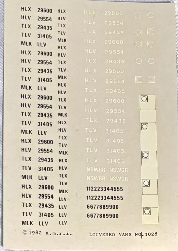 1028-louver-vans-mlk-llv-hlx-hlvtlx-tlv-codes-letters-numbers-ozzy-nswgr-decals #1028 Louver Vans:MLK, LLV, HLX, HLVTLX TLV. Codes, Letters & numbers; Ozzy NSWGR Decals