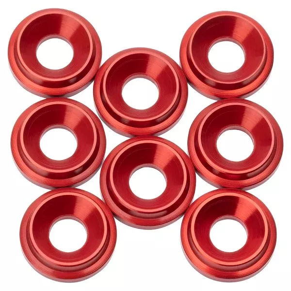 1UP Racing 7075 LowPro M3 Countersunk Washers – Red Anodized – 8-Pack (820509)