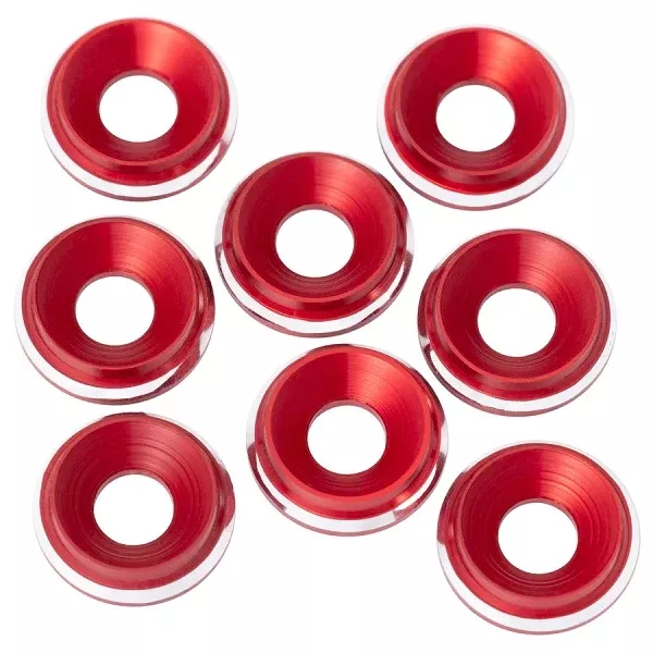 1UP Racing 7075 LowPro M3 Countersunk Washers – Red Shine Anodized – 8-Pack (820519)