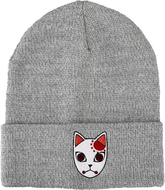 Demon Slayer Tanjiro Fox Mask Athletic Heather Skull Knitted Embroidered Cuffed Winter Beanie
